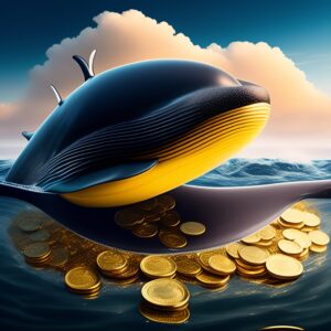 A big whale floating in an ocean of golden coins a 1